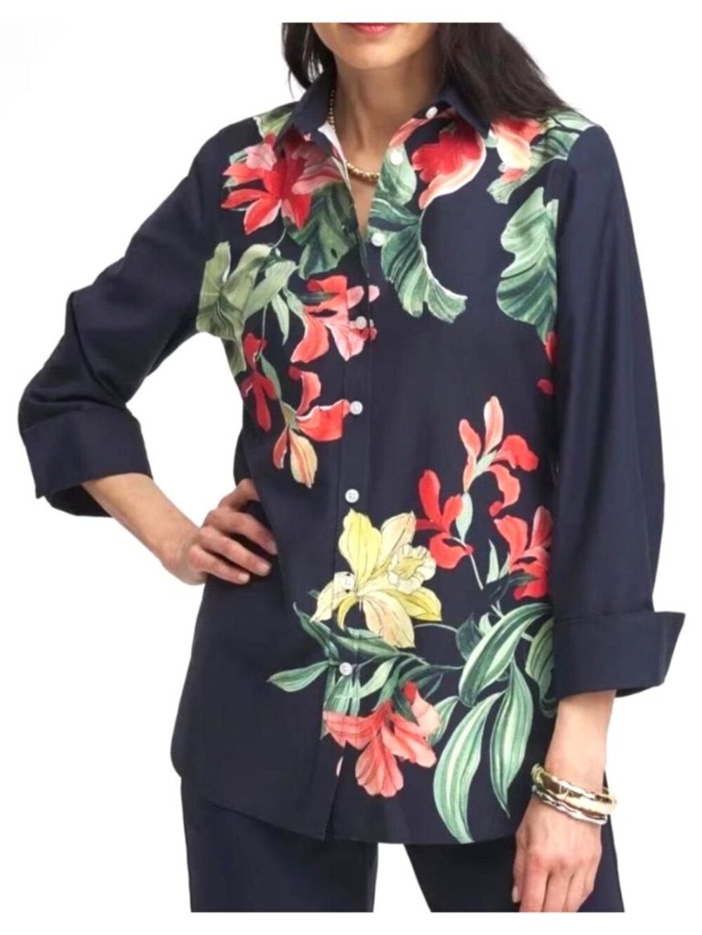 Chicos 1 US 8 Navy Blue Orchid No Iron Stretch Cotton Floral Shirt 3/4 Sleeve